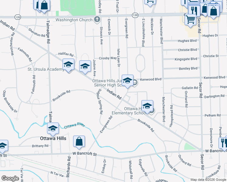 map of restaurants, bars, coffee shops, grocery stores, and more near 3817 Indian Road in Toledo
