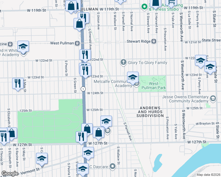 map of restaurants, bars, coffee shops, grocery stores, and more near 12409 South Lowe Avenue in Chicago