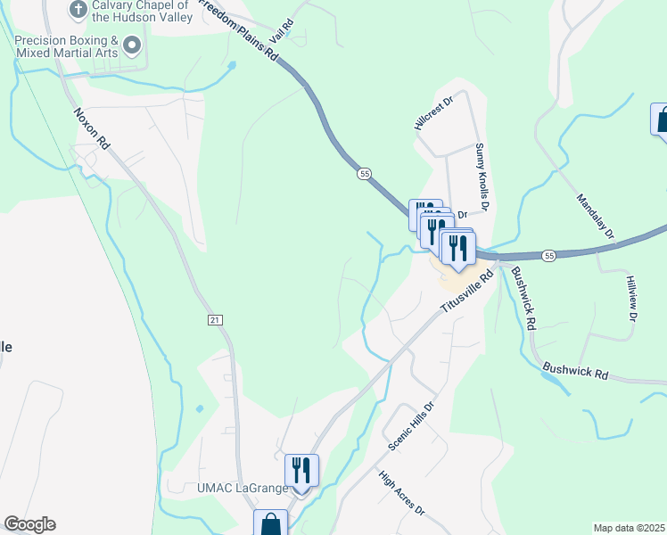 map of restaurants, bars, coffee shops, grocery stores, and more near 15 Stonehedge Drive in Poughkeepsie