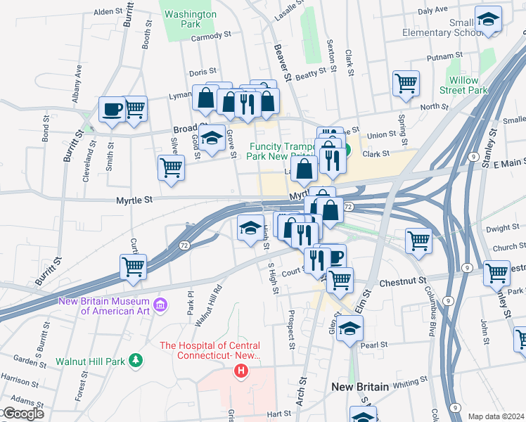 map of restaurants, bars, coffee shops, grocery stores, and more near 59-67 High Street in New Britain