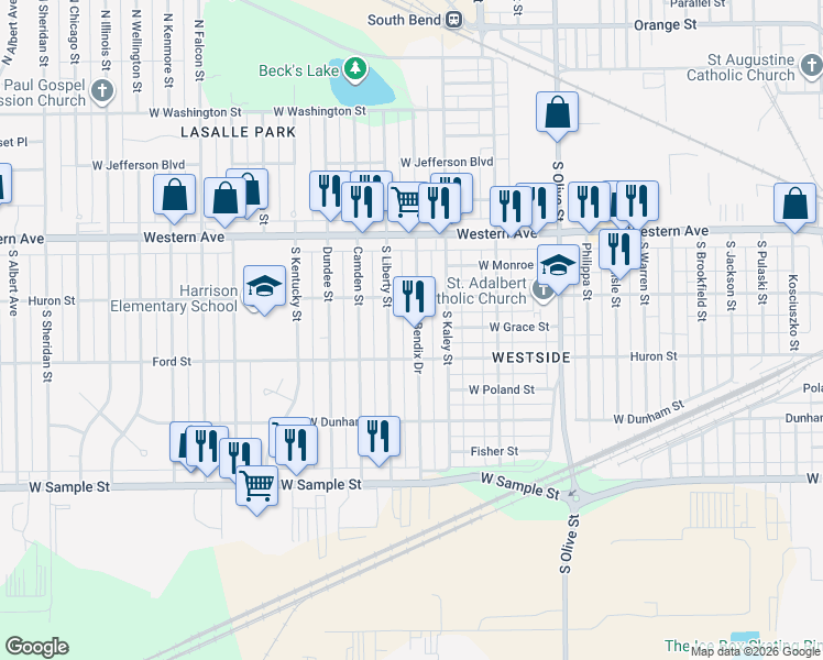 map of restaurants, bars, coffee shops, grocery stores, and more near 621 South Bendix Drive in South Bend