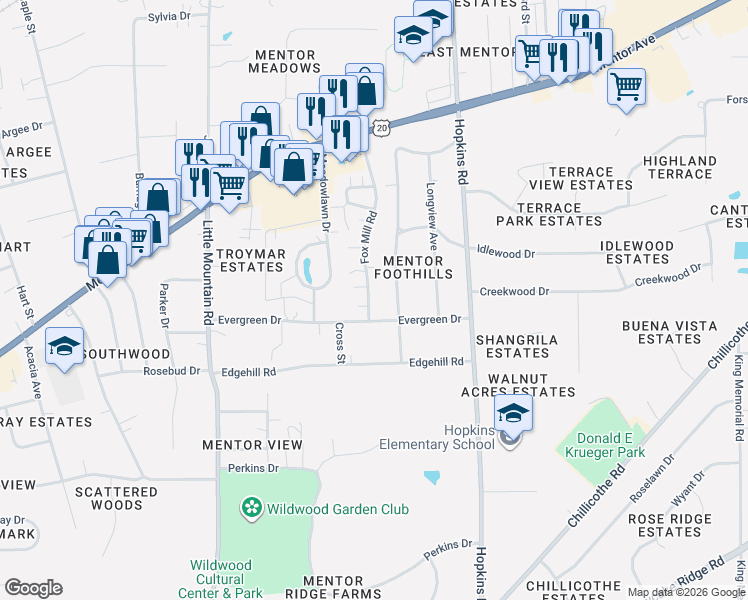 map of restaurants, bars, coffee shops, grocery stores, and more near 7412 Fox Mill Road in Mentor