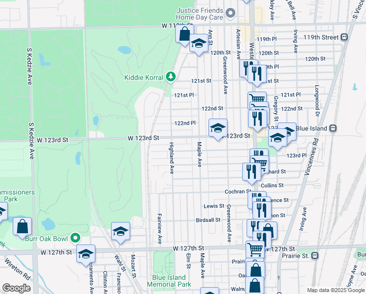 map of restaurants, bars, coffee shops, grocery stores, and more near 2642 Orchard Street in Blue Island