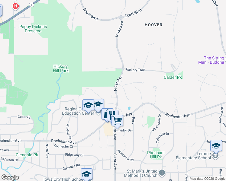 map of restaurants, bars, coffee shops, grocery stores, and more near 511 North 1st Avenue in Iowa City