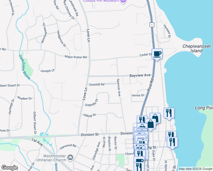 map of restaurants, bars, coffee shops, grocery stores, and more near 46 Overhill Road in East Greenwich