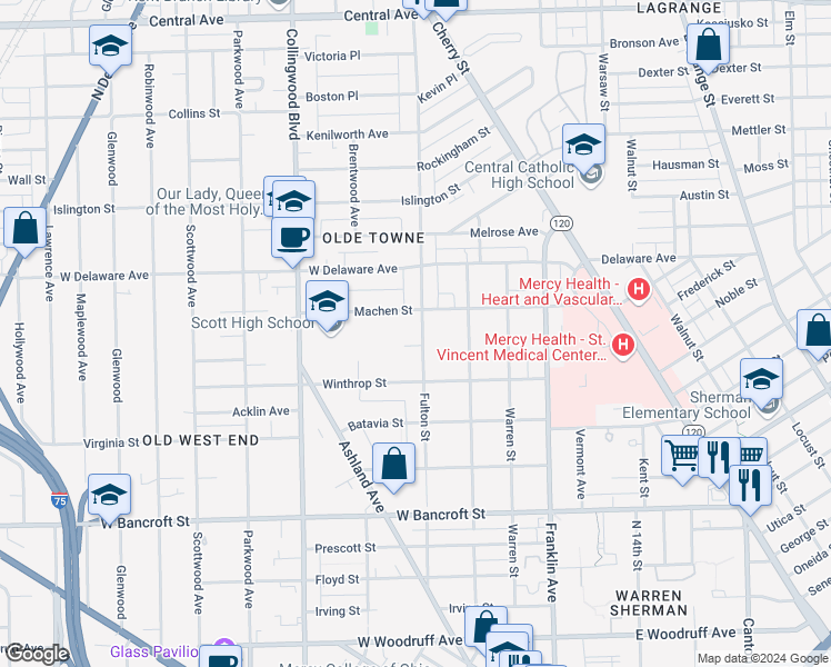map of restaurants, bars, coffee shops, grocery stores, and more near 2421 Fulton Street in Toledo