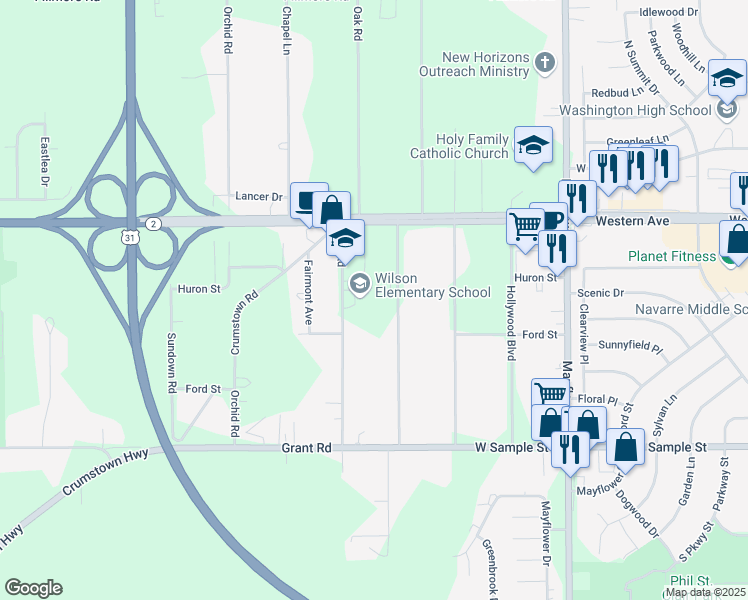 map of restaurants, bars, coffee shops, grocery stores, and more near 56660 Oak Road in South Bend
