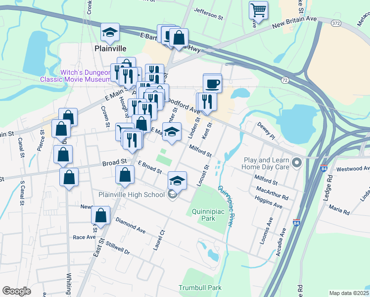 map of restaurants, bars, coffee shops, grocery stores, and more near 69 Linden Street in Plainville