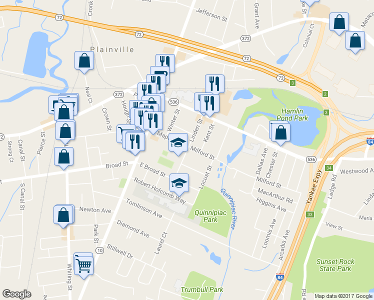 map of restaurants, bars, coffee shops, grocery stores, and more near 69 Linden Street in Plainville