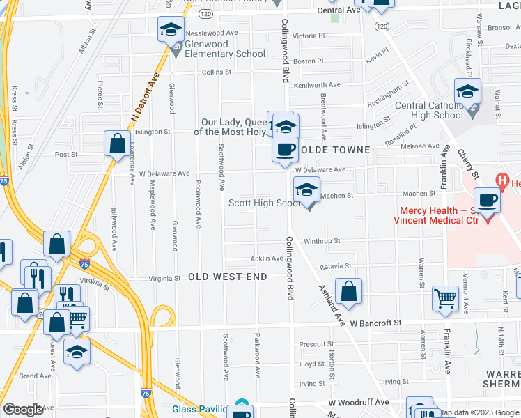map of restaurants, bars, coffee shops, grocery stores, and more near 2436 Parkwood Avenue in Toledo