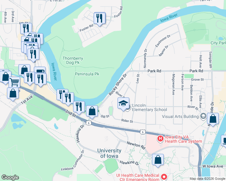 map of restaurants, bars, coffee shops, grocery stores, and more near 219 Rocky Shore Drive in Iowa City