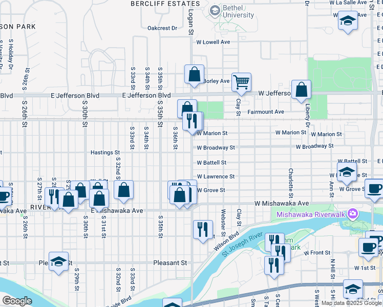 map of restaurants, bars, coffee shops, grocery stores, and more near 1002 W Broadway St in Mishawaka