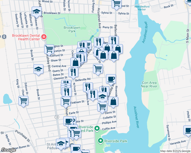 map of restaurants, bars, coffee shops, grocery stores, and more near 107 Bates Street in New Bedford