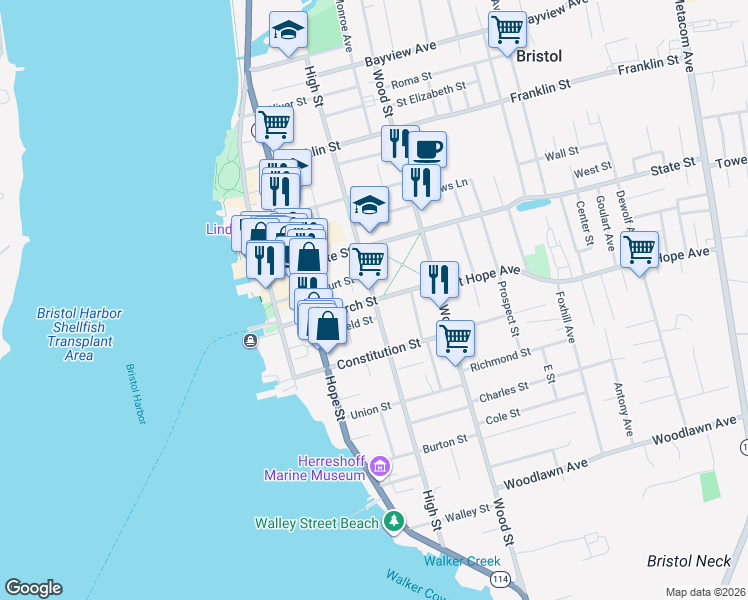 map of restaurants, bars, coffee shops, grocery stores, and more near High Street in Bristol