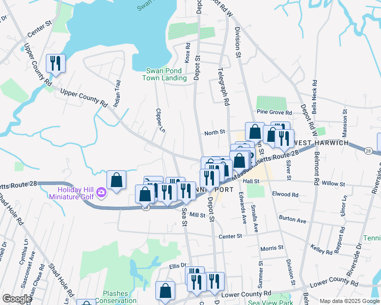 map of restaurants, bars, coffee shops, grocery stores, and more near 18 Country Lane in Dennis