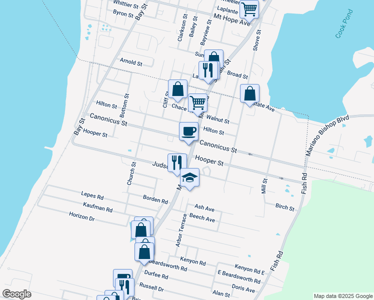 map of restaurants, bars, coffee shops, grocery stores, and more near 106 Main Road in Tiverton