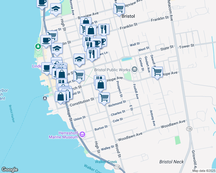 map of restaurants, bars, coffee shops, grocery stores, and more near 1 1/2 Siegel Street in Bristol