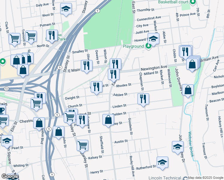 map of restaurants, bars, coffee shops, grocery stores, and more near 611 East Street in New Britain