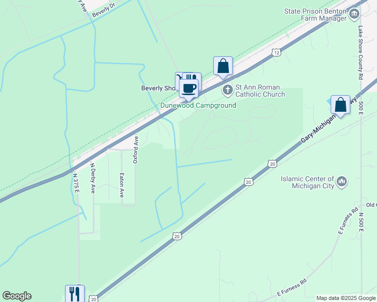 map of restaurants, bars, coffee shops, grocery stores, and more near Dunewood Drive in Chesterton