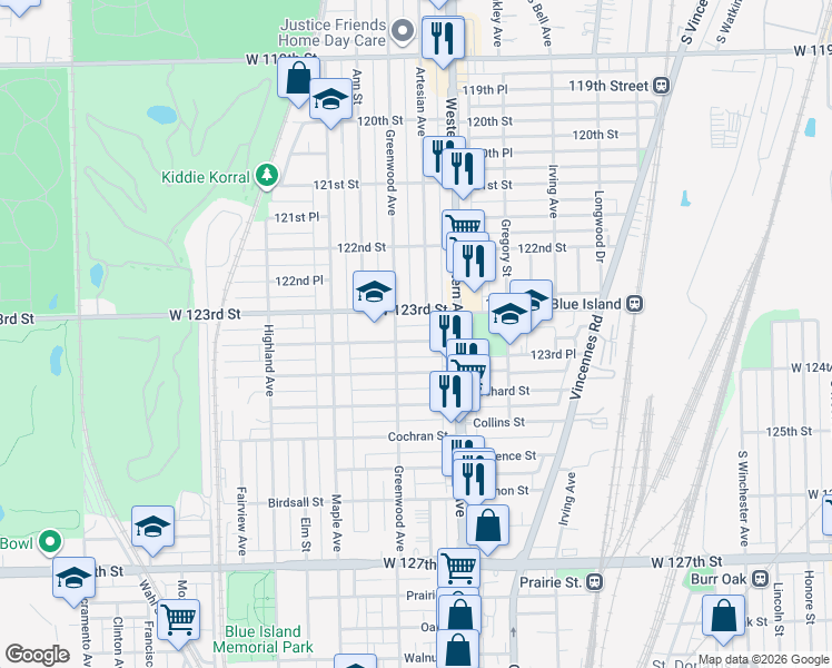 map of restaurants, bars, coffee shops, grocery stores, and more near 2450 West 123rd Street in Blue Island