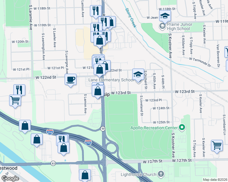 map of restaurants, bars, coffee shops, grocery stores, and more near 12240 South Spencer Street in Alsip