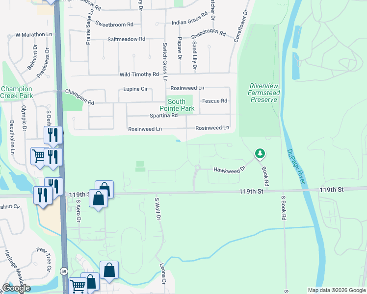 map of restaurants, bars, coffee shops, grocery stores, and more near 5675 Rosinweed Lane in Naperville