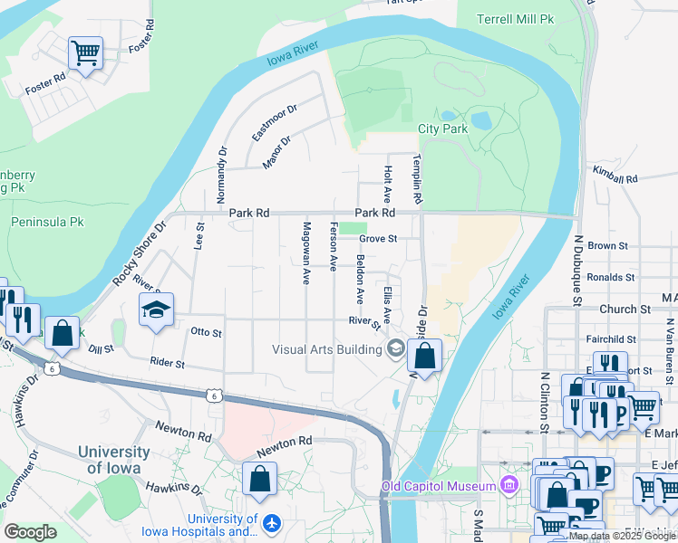 map of restaurants, bars, coffee shops, grocery stores, and more near 419 Ferson Avenue in Iowa City