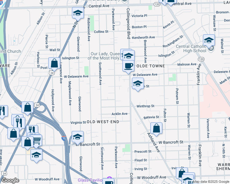 map of restaurants, bars, coffee shops, grocery stores, and more near 2436 Parkwood Avenue in Toledo
