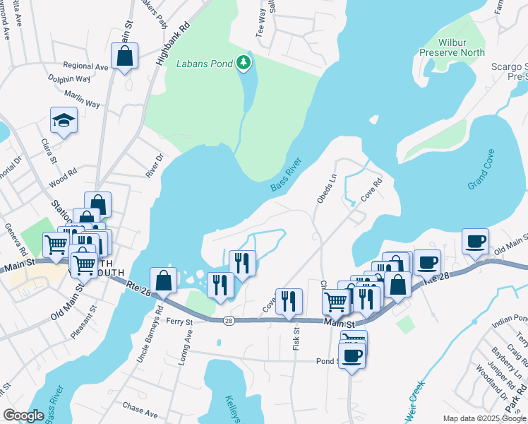 map of restaurants, bars, coffee shops, grocery stores, and more near 15 Horsefoot Road in Dennis