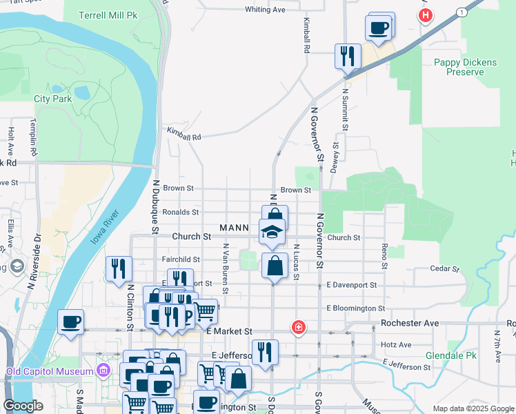 map of restaurants, bars, coffee shops, grocery stores, and more near 603 Brown Street in Iowa City