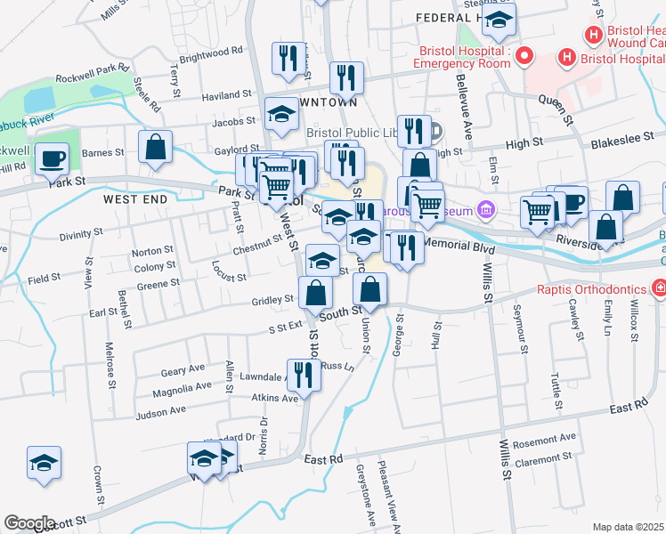 map of restaurants, bars, coffee shops, grocery stores, and more near 38 Upson Street in Bristol