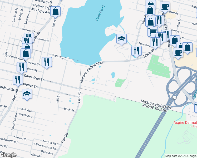 map of restaurants, bars, coffee shops, grocery stores, and more near 57 Frederick Street in Fall River