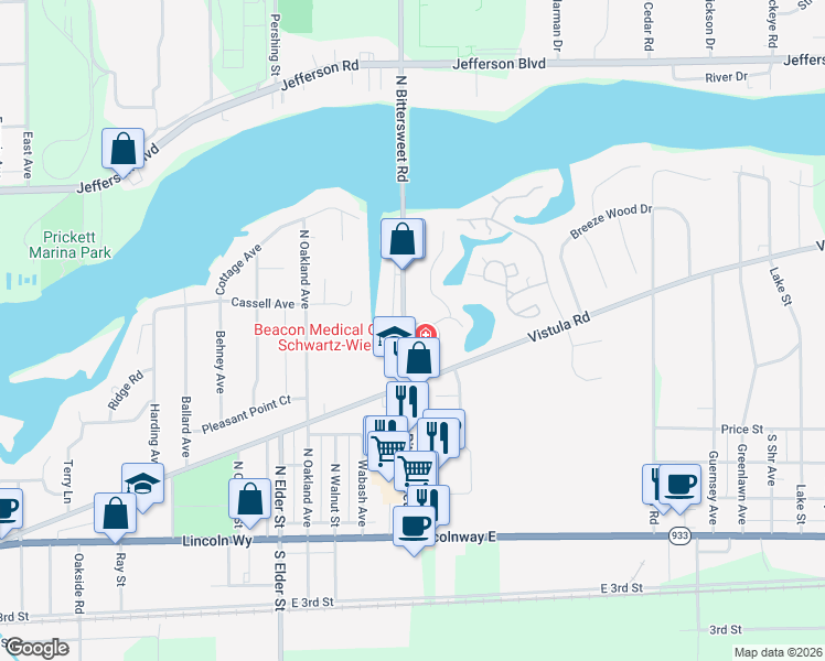 map of restaurants, bars, coffee shops, grocery stores, and more near Bittersweet Rd in Mishawaka