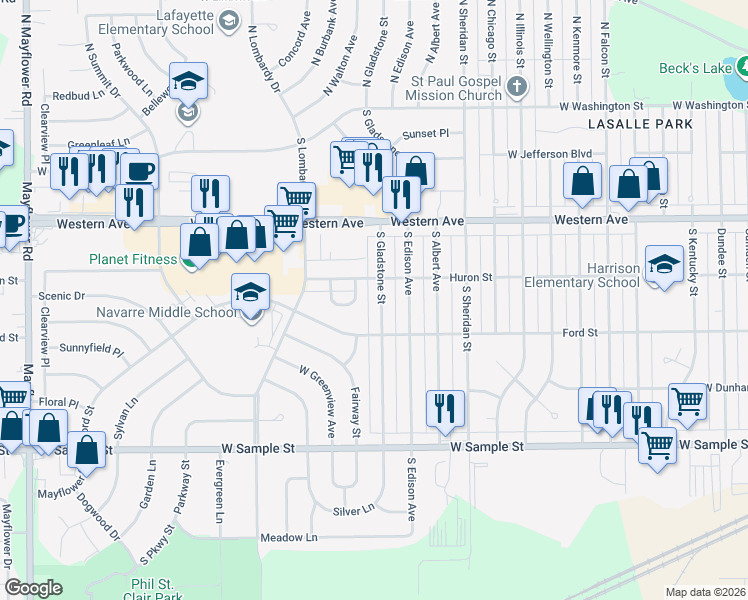 map of restaurants, bars, coffee shops, grocery stores, and more near 521 South Gladstone St in South Bend