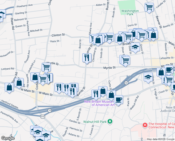 map of restaurants, bars, coffee shops, grocery stores, and more near 495 Myrtle Street in New Britain