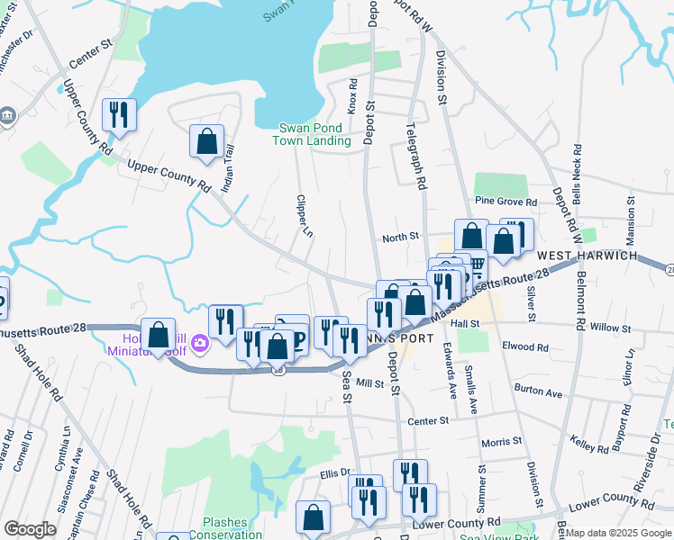 map of restaurants, bars, coffee shops, grocery stores, and more near 174 Upper County Road in Dennis