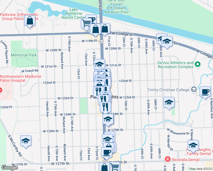 map of restaurants, bars, coffee shops, grocery stores, and more near 12211 South Harlem Avenue in Palos Heights