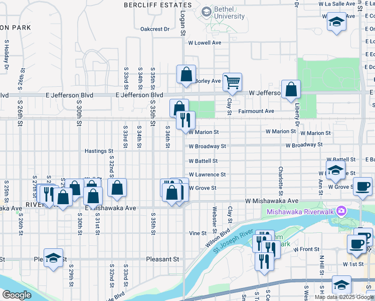 map of restaurants, bars, coffee shops, grocery stores, and more near 1002 W Broadway St in Mishawaka