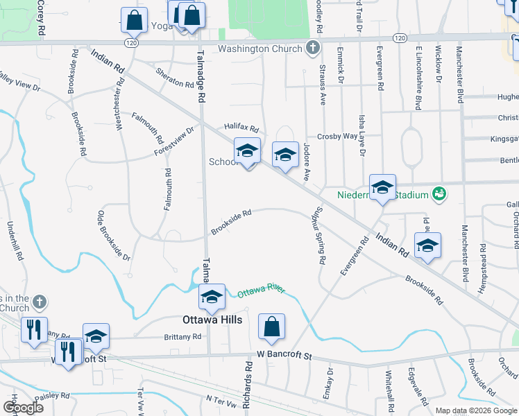 map of restaurants, bars, coffee shops, grocery stores, and more near 4044 Brookside Road in Ottawa Hills