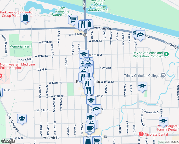 map of restaurants, bars, coffee shops, grocery stores, and more near 12211 South Harlem Avenue in Palos Heights