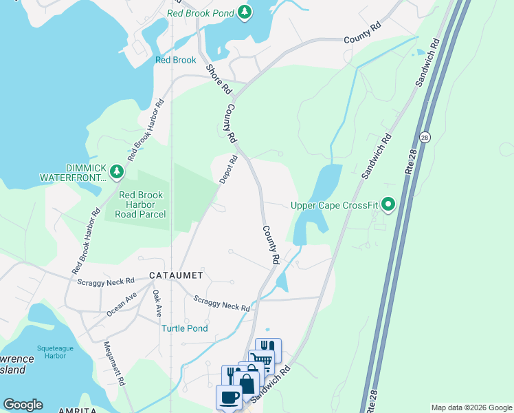 map of restaurants, bars, coffee shops, grocery stores, and more near 1202 County Road in Bourne