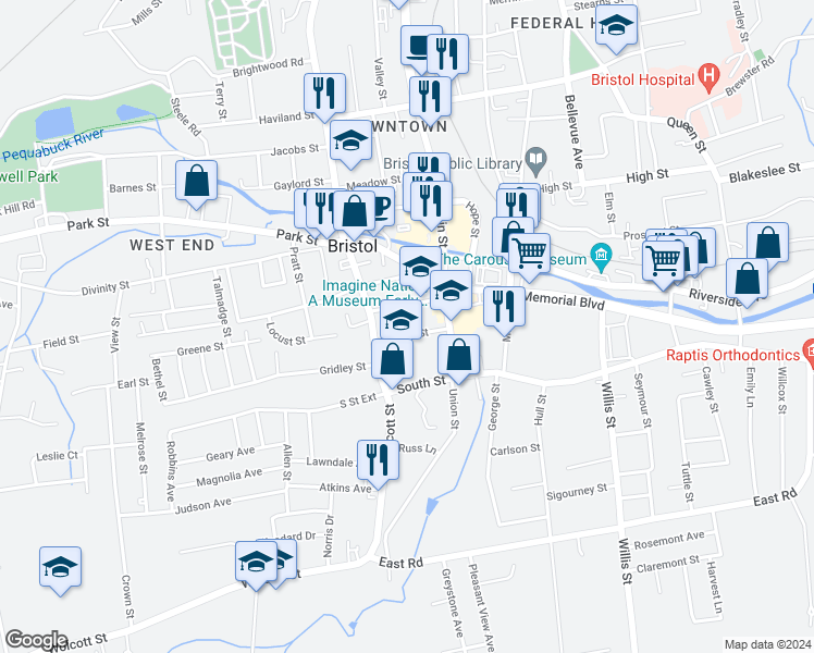 map of restaurants, bars, coffee shops, grocery stores, and more near 25 Pleasant Street in Bristol