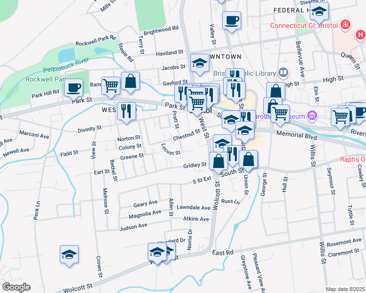 map of restaurants, bars, coffee shops, grocery stores, and more near 54 Chestnut Street in Bristol