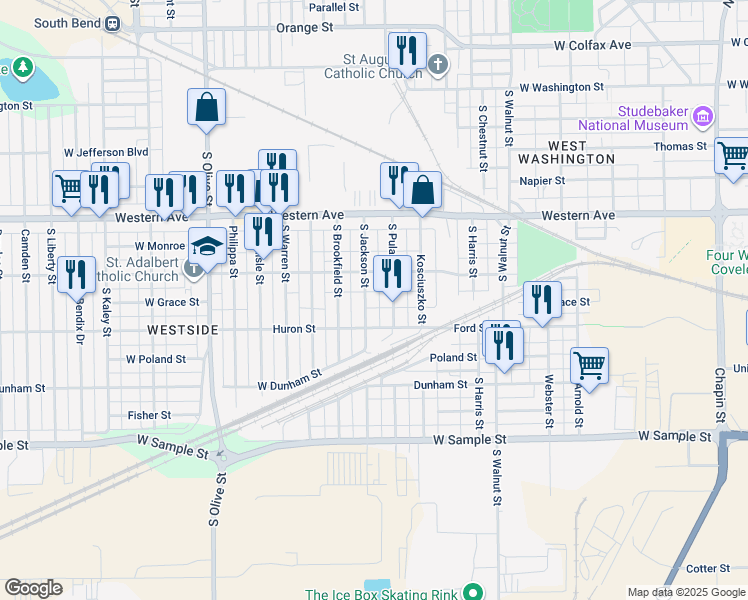 map of restaurants, bars, coffee shops, grocery stores, and more near 515 S Pulaski St in South Bend