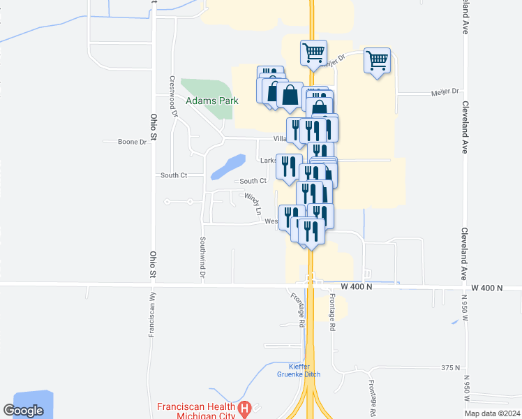 map of restaurants, bars, coffee shops, grocery stores, and more near 106 Windy Lane in Michigan City