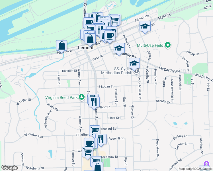 map of restaurants, bars, coffee shops, grocery stores, and more near 601 Walnut Street in Lemont