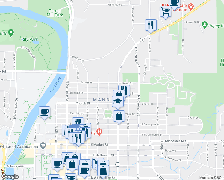 map of restaurants, bars, coffee shops, grocery stores, and more near 718-798 North Johnson Street in Iowa City