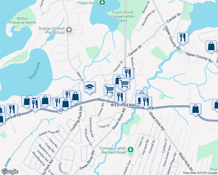 map of restaurants, bars, coffee shops, grocery stores, and more near 56 Pine Street in Dennis