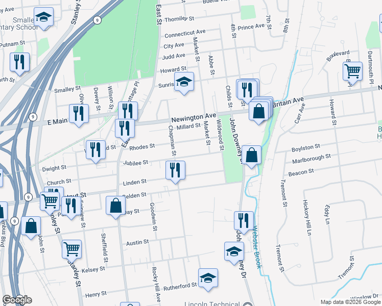 map of restaurants, bars, coffee shops, grocery stores, and more near 169 Rhodes Street in New Britain