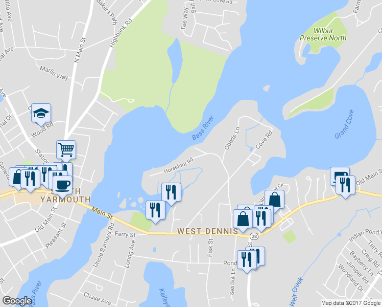 map of restaurants, bars, coffee shops, grocery stores, and more near 15 Horsefoot Road in Dennis